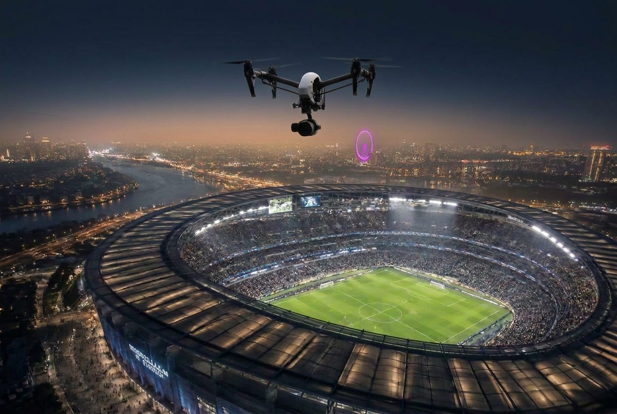 Dron nad oświetlonym stadionem podczas transmisji na żywo