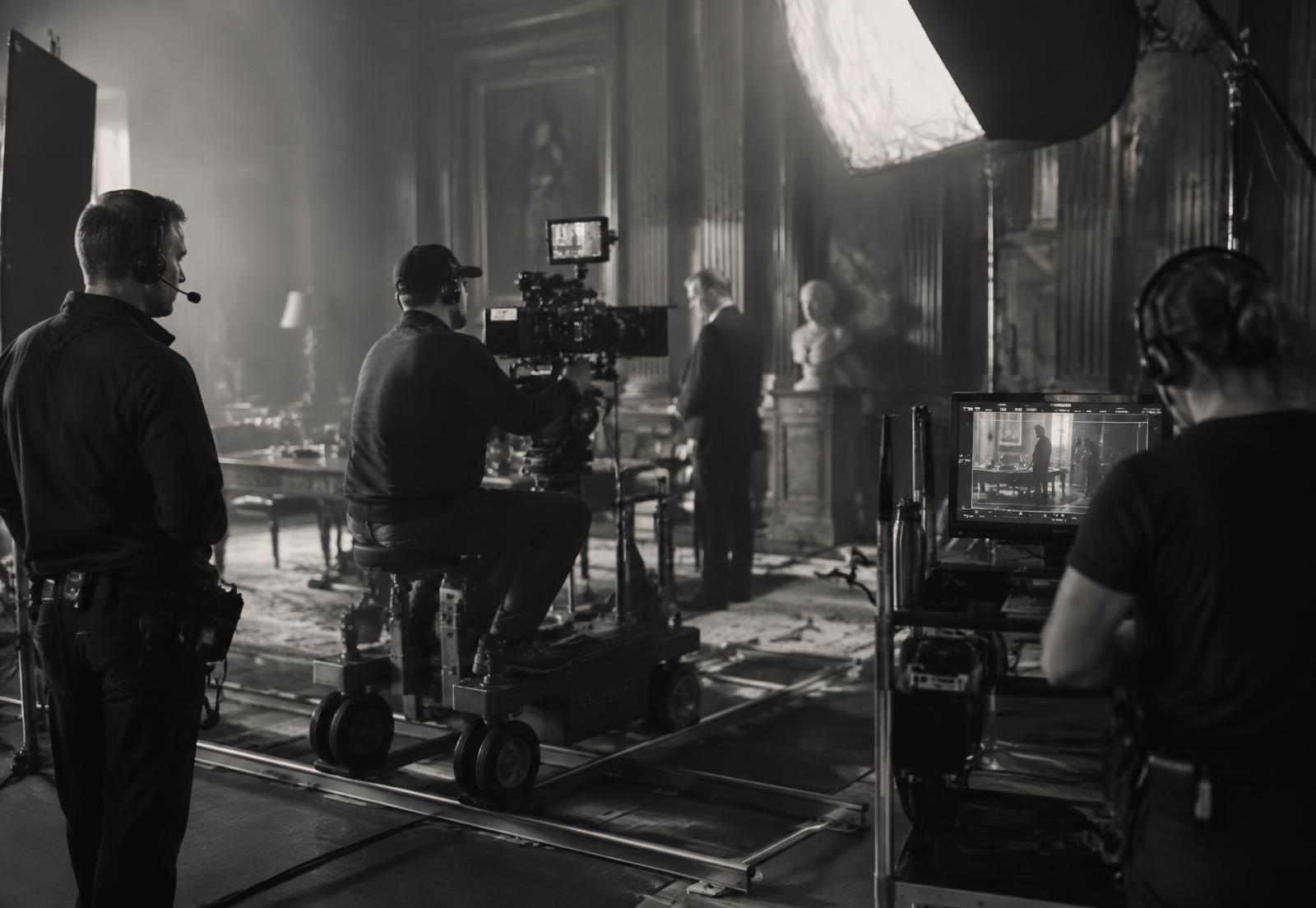 Plan filmowy — kamera na wózku, ekipa realizacyjna i oświetlenie planu