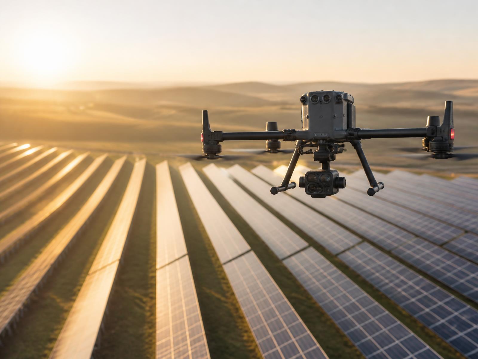 Dron wykonujący inspekcję instalacji fotowoltaicznej