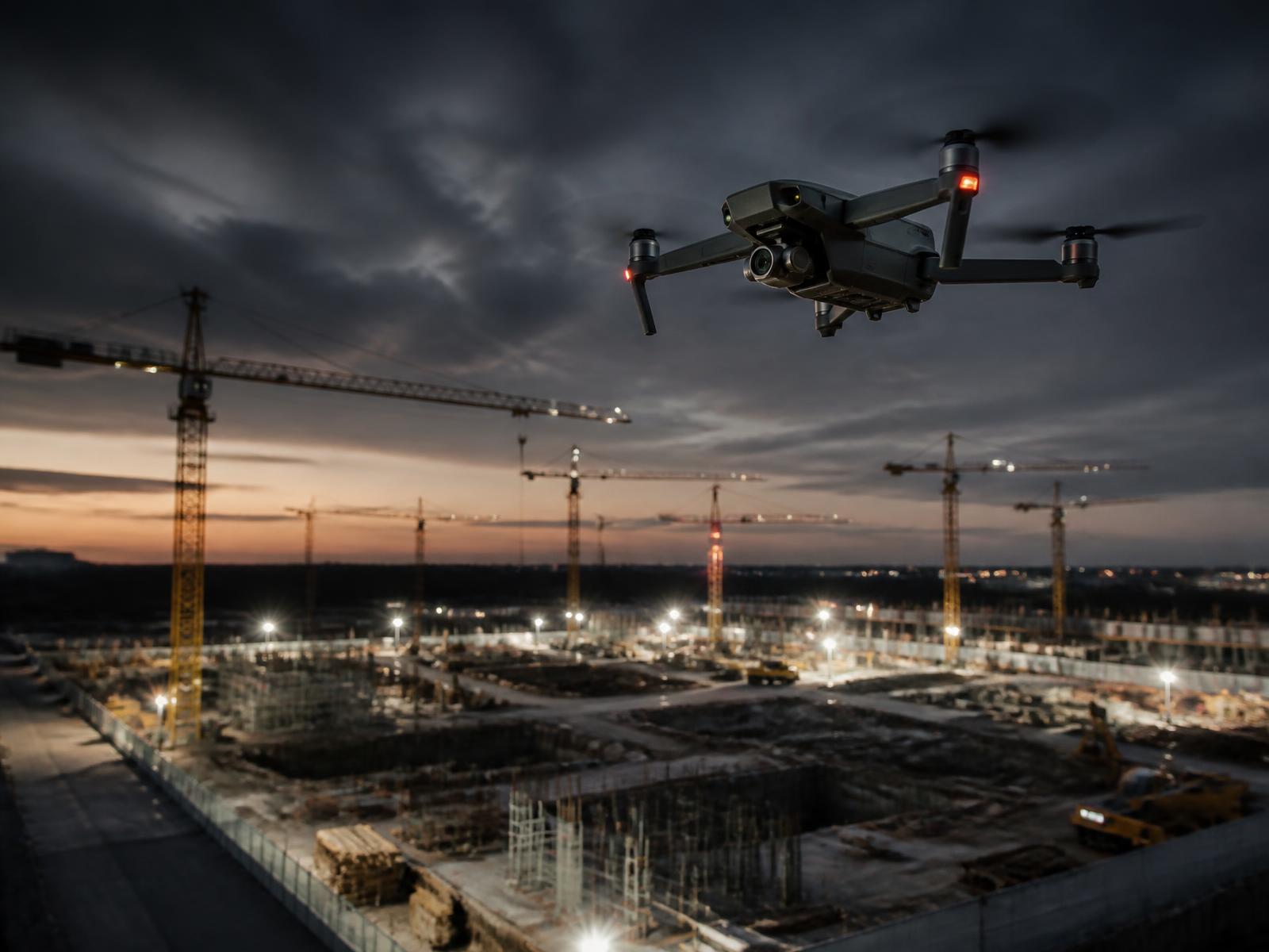 Dron monitorujący plac budowy po zmroku
