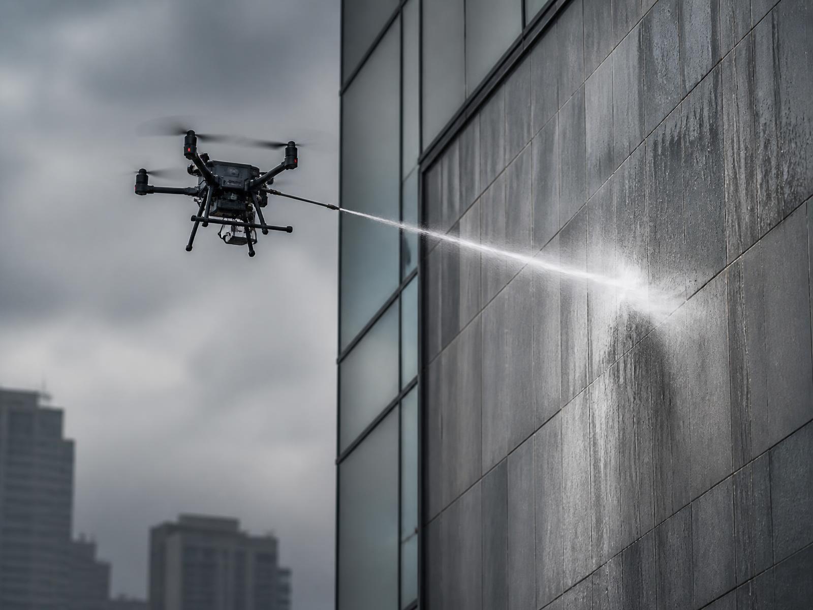 Dron myjący ciśnieniowo elewację wysokiego budynku