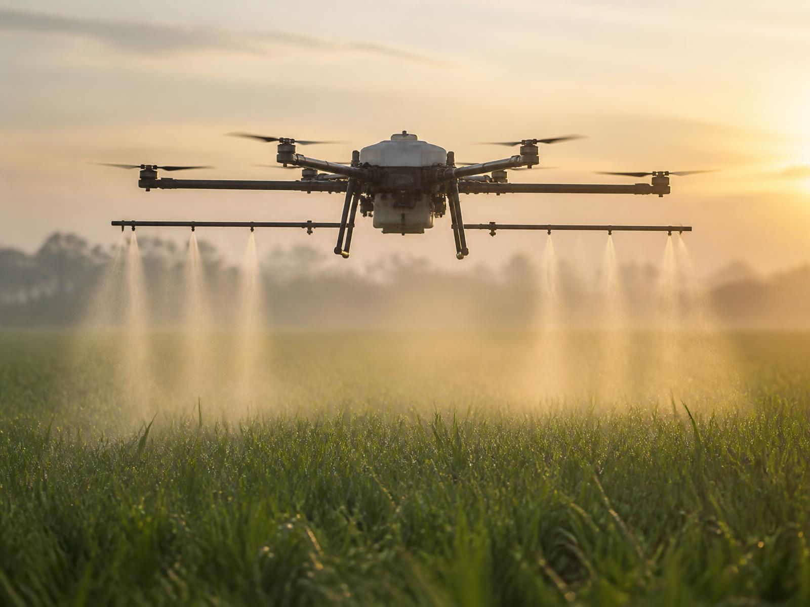 Dron rolniczy wykonujący opryski nad polem