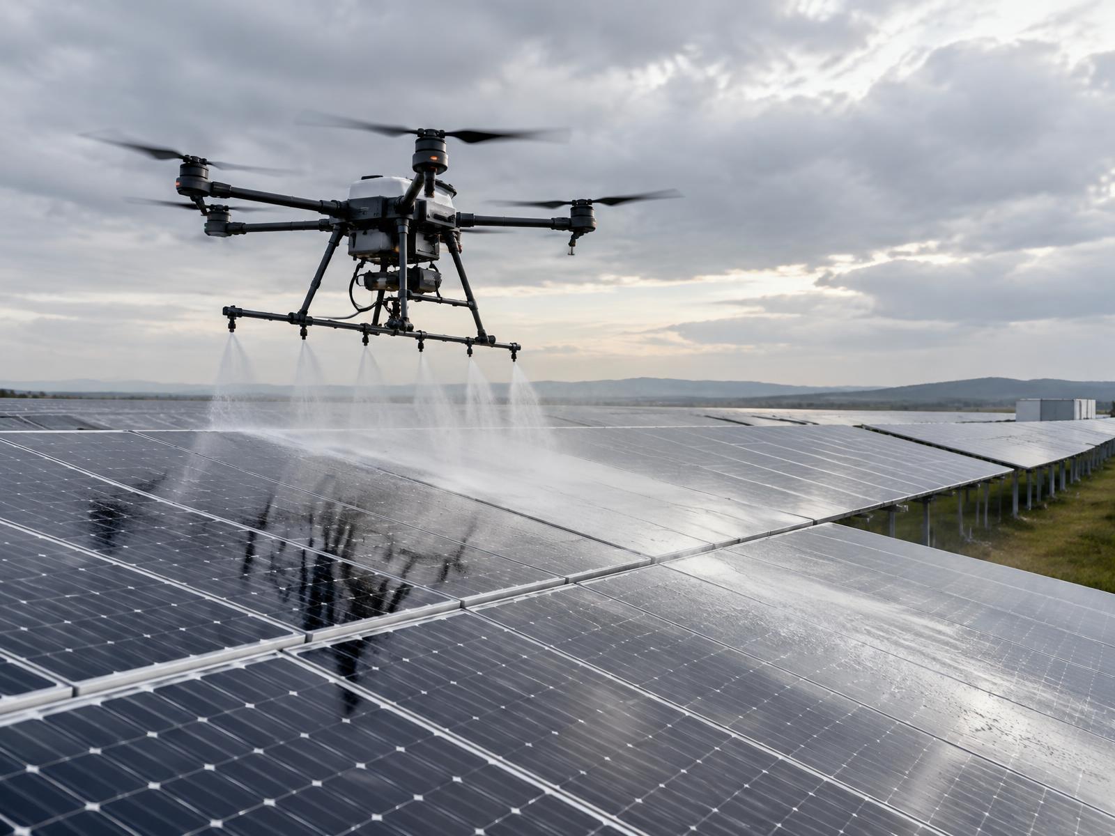 Dron myjący panele na dużej farmie fotowoltaicznej